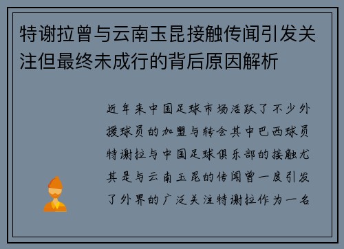 特谢拉曾与云南玉昆接触传闻引发关注但最终未成行的背后原因解析